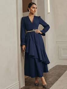 Anewsta Elegant Women's Double Ruffle Hem V-Neck Patchwork Dress - Navy Blue - View 4