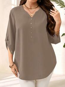 Miaspire Plus Size Women's Grey Autumn Smart Casual Everyday Loose Blouse,Solid Notched V Neck Roll Tab Sleeve Top For Summer Vacation Commute - Khaki - View 5