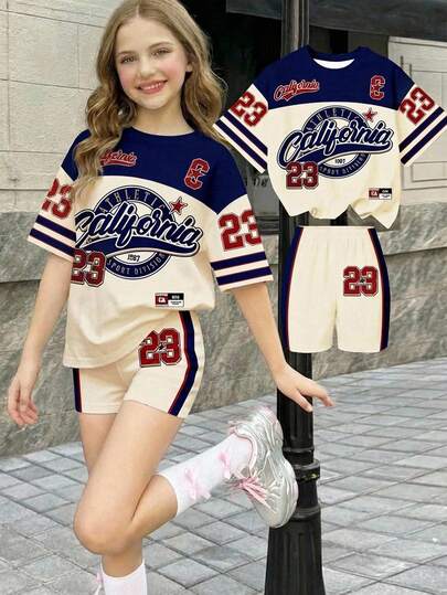 2pcs/Set Tween Girls Retro American College Style Sports Number 23 Print Back To School Chill Chill Tween Girl Casual Minimalist Short Sleeve T-Shirt And Shorts Set, Suitable For Summer, Girls Streetwear. Cool Casual Outfit For School, Animal Print, Y2K Aesthetic, Friends Matching, Graphic, Graphic Print T-Shirts, Perfect For School, Street, Party. Summer 2026 Styles, Kawaii, Preppy, Athleisure. Best Cool Basic Wardrobe Essentials, Cool & Comfy Summer Essentials