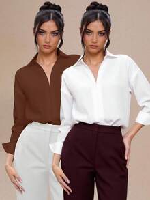 Franclia Women's Solid Color Lapel Fashionable Versatile Date Shirt Bodysuit 2 Pieces Set - Multicolor - View 4