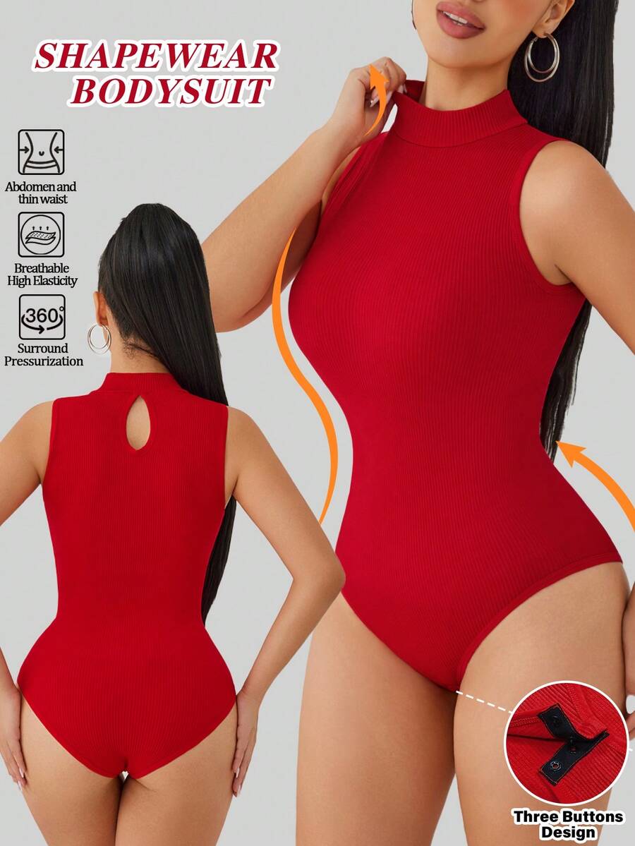SuitURBody Women's Seamless High Neck Tight Waist Shaping Bodysuit, High Elasticity ,Mature Charm, Elegant, Soft, Non-Restrictive, Back Neck Hollow Design,Can Be Worn As Outerwear - Red - View 1