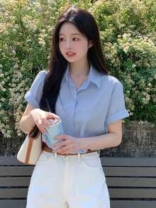 DAZY Casual Commuting Minimalist Blue Elegant Slimming Shirt For Women - Blue - View 3