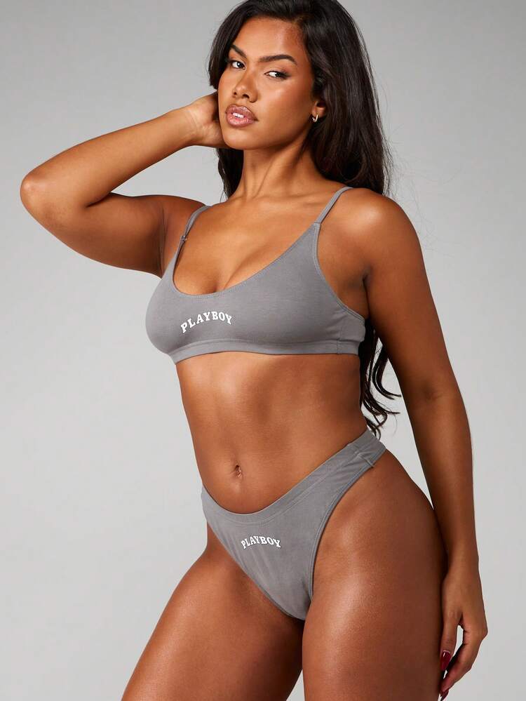 Missguided x Playboy Comfortable Scoop Neck Bralette And Thong Panty Set For Lounging And Intimate Occasions