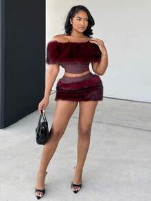 Alexandranx 小姐酒红色音乐节新款毛绒拼布PU短款上衣+毛绒拼布迷你裙2件套 - 酒紅色 - 查看 5