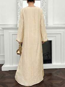 Layrah Elegant Round Neck Embroidered Beaded Long Sleeve Flared Dress, Spring/Summer - Apricot - View 3