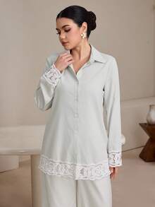 Graceveil Women's Loose Floral Lace Trim Blouse, Spring New Arrival - Light Grey - View 4