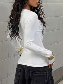 StreetHx Women's Black V-Neck Fitted Base Layer, Gothic Silver Graphic Print, Punk Rock Halloween Casual Streetwear Y2K Baddie 2000s Style Long Sleeve T-Shirt - White - View 2