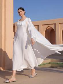 Graceveil 女士优雅亮片拼接方领无袖束腰连衣裙和长袖长袍阿拉伯风格套装 - 白色 - 查看 8