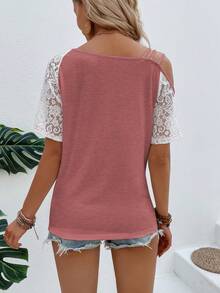 EMERY ROSE Summer Casual Contrast Color Lace Patchwork Asymmetric Collar T-Shirt Vacation Dusty Pink - Pink - View 2