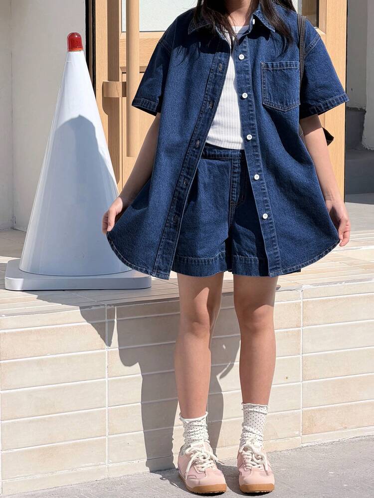 Girls Denim Collared Short Sleeve Shirt And Shorts 2-Piece Outfit, Fall