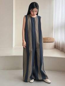 DAZY Tween Girl Striped Crew Neck Sleeveless Pocketed Wide Leg Loose Jumpsuit
