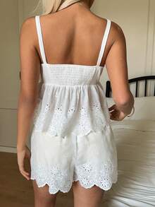 CovetEZ Women's Casual Vacation Beachwear Set Featuring An Embroidered, Pleated, Openwork, Loose-Fitting, Comfortable Tank Top, White Top, And Drawstring Shorts. - White - View 2