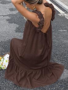 Serisse Vestido casual de vacaciones con volantes en el bajo y espalda descubierta de unicolor para mujer - Café integral - Ver 2