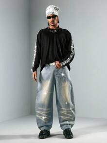 ROMWE MEN 男士带口袋纽扣水钻装饰时尚百搭休闲阔腿牛仔裤 - 中等水洗藍 - 查看 7