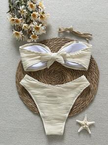 Swim Chiccia Bộ đồ bơi 2 món gồm áo tankini và quần tam giác, phối màu tương phản thanh lịch, chất liệu vải đặc biệt với họa tiết sóng, dây xoắn. - Màu be - Xem 7