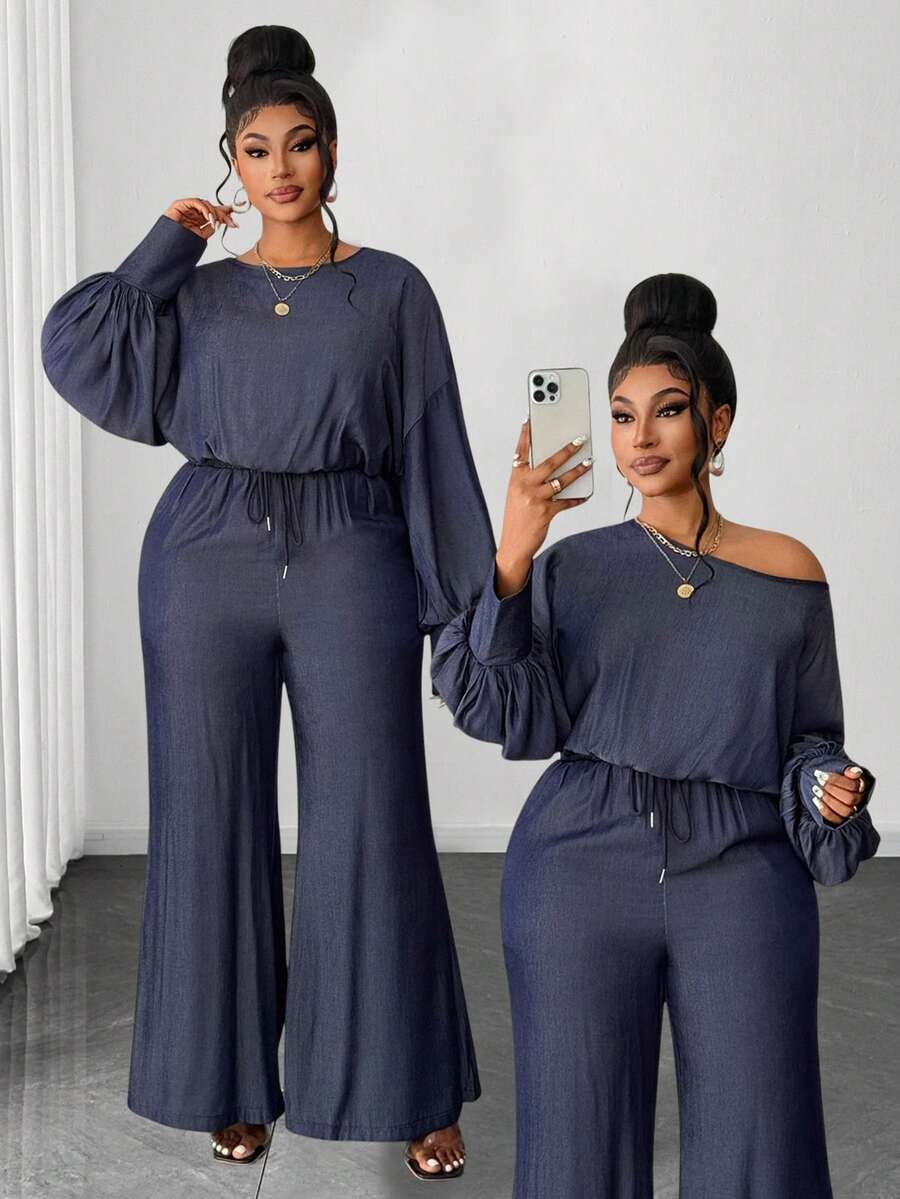 Maweii 春夏秋冬圆领泡泡袖宽松衬衫+简约喇叭裤两件套，通勤休闲两相宜，极简时尚设计，新款必备单品，牛仔面料，小众设计，休闲大码女装 - 藍色 - 查看 1