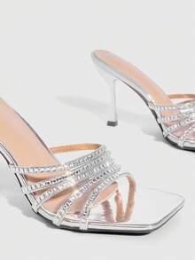 CUCCOO SZL Women's Square Toe Silver Elegant High Heel Slide Sandals, Suitable For Party Occasions - Silver - View 6