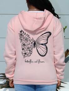 Steph T 蝴蝶和口号图案抽绳保暖内衬连帽衫蝴蝶和花朵，长袖上衣 - 粉色 - 查看 5
