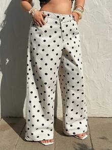 Sunnyshic Asymmetrical Waist Casual Vacation Polka Dot Denim Pants - Multicolor - View 4