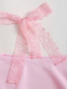 Sweetra Casual Cute Sweet Gentle College Girl Chic Lace Bow Tie Loose Long Sleeve Cropped Oblique Shoulder Exposed Waist Pink Pullover Sweatshirt For Women, Spring/Autumn/Winter - Pink - View 5