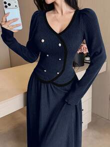 DAZY Women's Casual Colorblock V-Neck Top And A-Line Skirt 2-Piece Set, Spring/Summer - Navy Blue - View 5