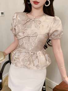 DAZY 春夏休闲优雅蝴蝶结系腰圆领女式衬衫，适合约会、婚礼、通勤等场合。 - 金色 - 查看 3