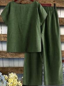 EMERY ROSE Bộ đồ 2 món dành cho nữ cỡ lớn: Áo tay ngắn in hoa không đều và quần ống rộng cạp chun, thích hợp cho mùa xuân/hè. - xanh quân đội - Xem 2