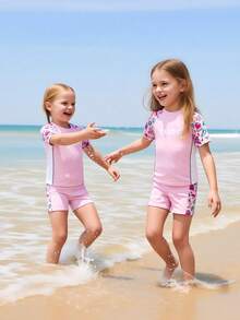 Young Girl' Colorblock Bikini Swimsuit Set, Suitable For Vacation And Beach Rash Guard Toddler Girls Rash Guard Swimsuit Junior Swimwear Swim Shirt For Girls