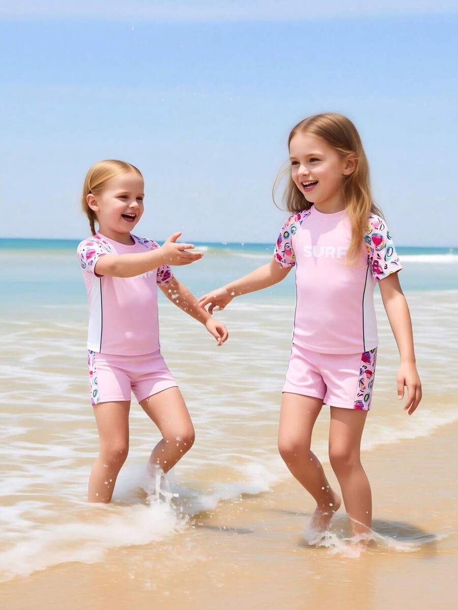 Young Girl' Colorblock Bikini Swimsuit Set, Suitable For Vacation And Beach Rash Guard Toddler Girls Rash Guard Swimsuit Junior Swimwear Swim Shirt For Girls