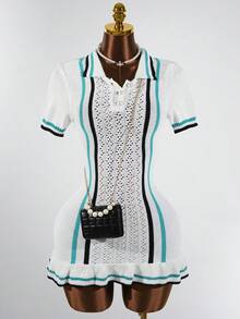 SaltGleam SaltGleam Collared Pearl Button Striped Hollow Crochet Ruffle Hem Fashionable Elegant Women Sweater Dress - Multicolor - View 4