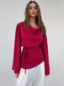 SHEIN Franclia Women's Elegant Sexy Backless Draped Neck Blouse, Vintage Aesthetic Fashion, Versatile For Work, Dates, Events, Comfortable Fabric, Flattering - Red - View 10