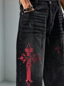 ROMWE MEN Street Life Spring/Summer Casual Graphic Men'S Cross Print Dark-Color 3/4 Denim Shorts - Black - View 4