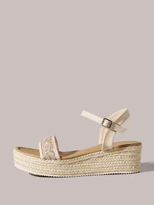 Styleloop Women's Fashion Round Toe Straw Braided Platform Shallow Apricot Mesh Embroidered Ankle Strap Open Toe Sandals, Casual, Vacation, Commute, Music Festival - Apricot - View 2