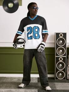 GALLERY FADE Men's Numeric & Striped Print V-Neck Short Sleeve Baseball T-Shirt - White - View 7