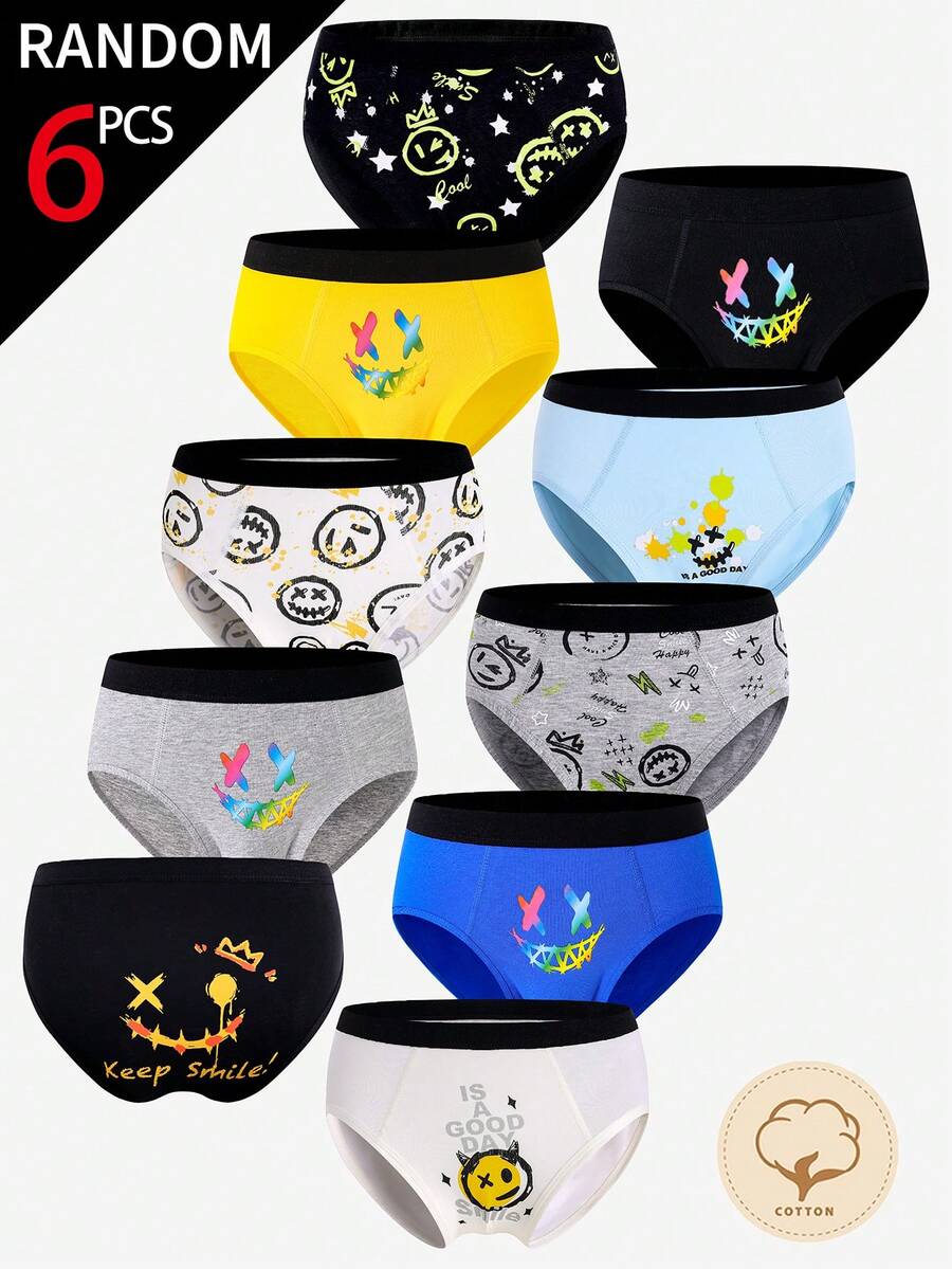 6条装青少年男童简约时尚复古纯棉彩色笑脸印花舒适柔软混色图案三角裤 - 彩色 - 查看 1