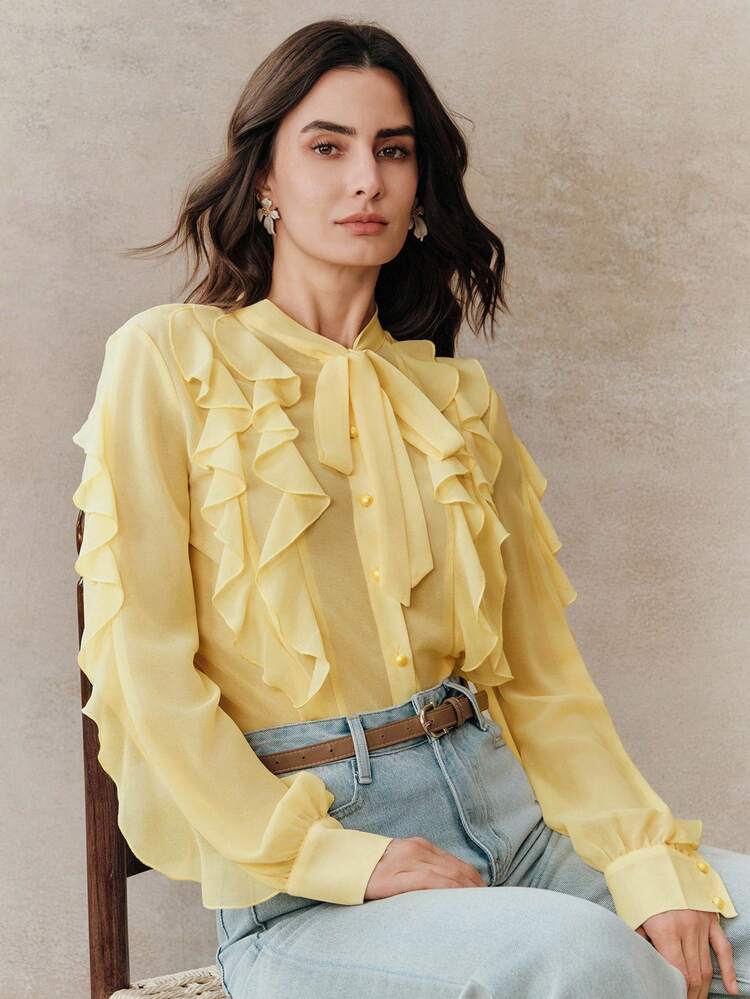 Elegant Women's Blouse, Minimalist Commuter Tie-Front Ruffle Trim Long Sleeve Blouse In Soft Yellow