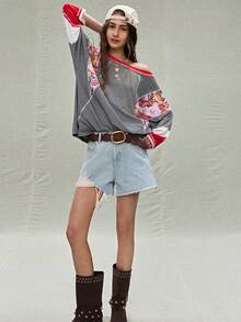 SoleilVie 女士条纹拼接花卉印花七分袖卫衣长袖上衣嬉皮风上衣70年代风格上衣牛仔上衣春夏夏季夏季假期女士情人节狂欢节服装女士狂欢节服装沙滩装女士休闲女士图案T恤女士红色上衣女士休闲音乐节，采用复古拼接元素，是休闲购物的完美之选 - 彩色 - 查看 7