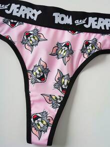 TOM & JERRY X SHEIN 2条装女士趣味卡通印花撞色字母腰带丁字裤 - 粉色 - 查看 6