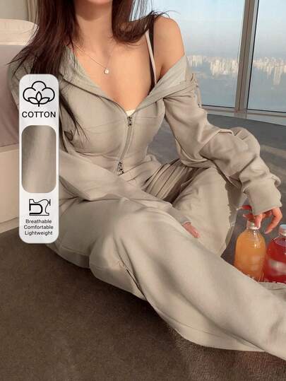 DAZY 女士休闲纯色两件套运动服套装 女式连帽家居服套装