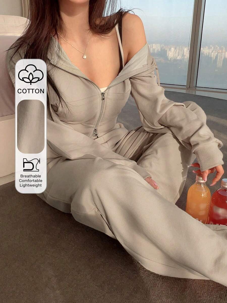 DAZY Ladies' Casual Solid Color Two Pieces Set Tracksuits Women Set Hoodie Lounge Sets For Women - Khaki - View 1