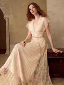 MOTF PREMIUM WOMEN'S V-NECK LONG SLEEVE PLEATED DRESS, SPRING/SUMMER - Apricot - View 4