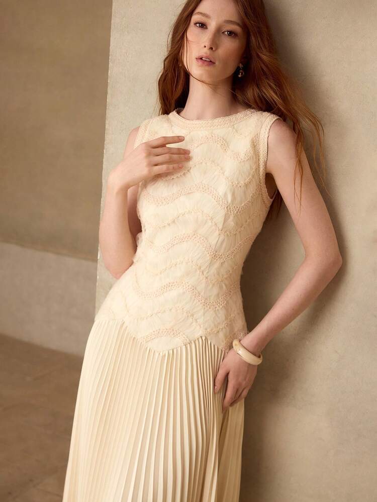 WOMEN'S SLEEVELESS A-LINE EMBROIDERED PATCHWORK PLEATED DRESS, SPRING/SUMMER