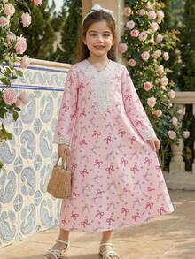 SHEIN Young Girl V-Neck Printed Long Robe Dress, Middle Eastern,Kids - Pink - View 4