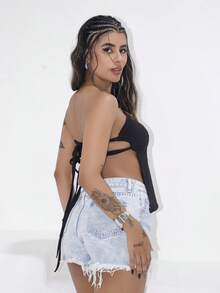 女士宽松休闲破洞边缘口袋牛仔短裤 - 藍色 - 查看 4