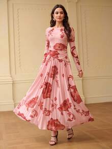 ZEYLAH Đầm dài tay lưới in hoa, thích hợp cho mùa xuân/hè. - Màu Hồng baby - Xem 5