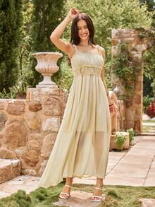 KARISMINA Women's Spring Summer Vacation Beige Solid Color Frill Trim Ruched Elegant Waist Midi Dress, Suitable For Elegant Vacation/Resort Wear, Spring/Summer,Wedding Guests Dres - Pale Yellow - View 5