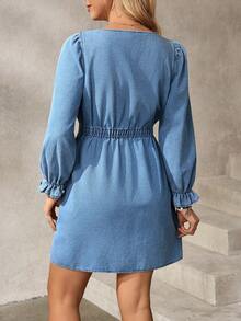 EMERY ROSE Women's Round Neck Single-Breasted Waist Cinched Casual Denim Dress, Suitable For Dates And Outings - Blue - View 2