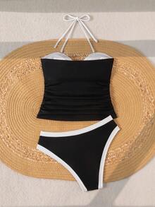 Swim Chiccia Swim Chic Sea Plain Swimwear For Women, Bow Accent Contrast Color With Detachable Halter Strap - Black and White - View 5