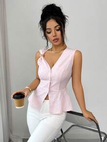 GlowEve Nueva llegada Blusa de diseño único con jacquard floral de primavera/verano, con cuello en V dulce, cintura ceñida, volantes en el bajo, botones de perla metálicos, elegante y versátil para mujeres jóvenes - Rosa - Ver 7