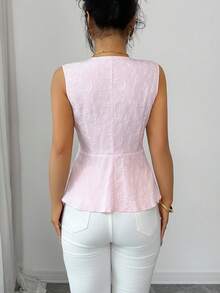 GlowEve Nueva llegada Blusa de diseño único con jacquard floral de primavera/verano, con cuello en V dulce, cintura ceñida, volantes en el bajo, botones de perla metálicos, elegante y versátil para mujeres jóvenes - Rosa - Ver 8